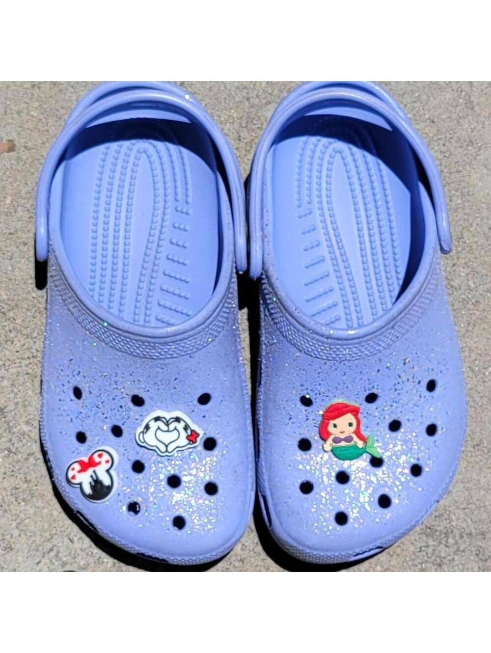 Junior 2, Big Kids 2 Purple Sparkle glitter crocs with clog charms